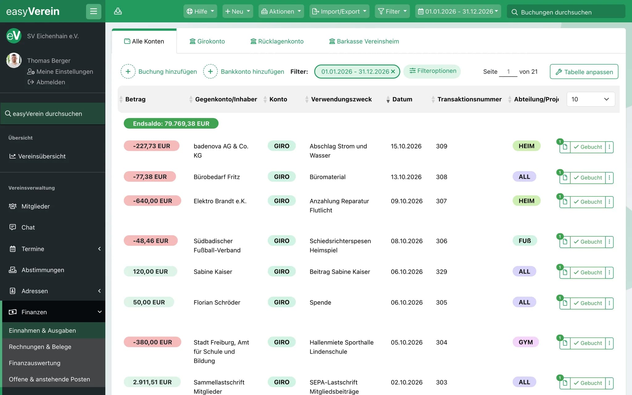 Screenshot Vereinsbuchhaltung