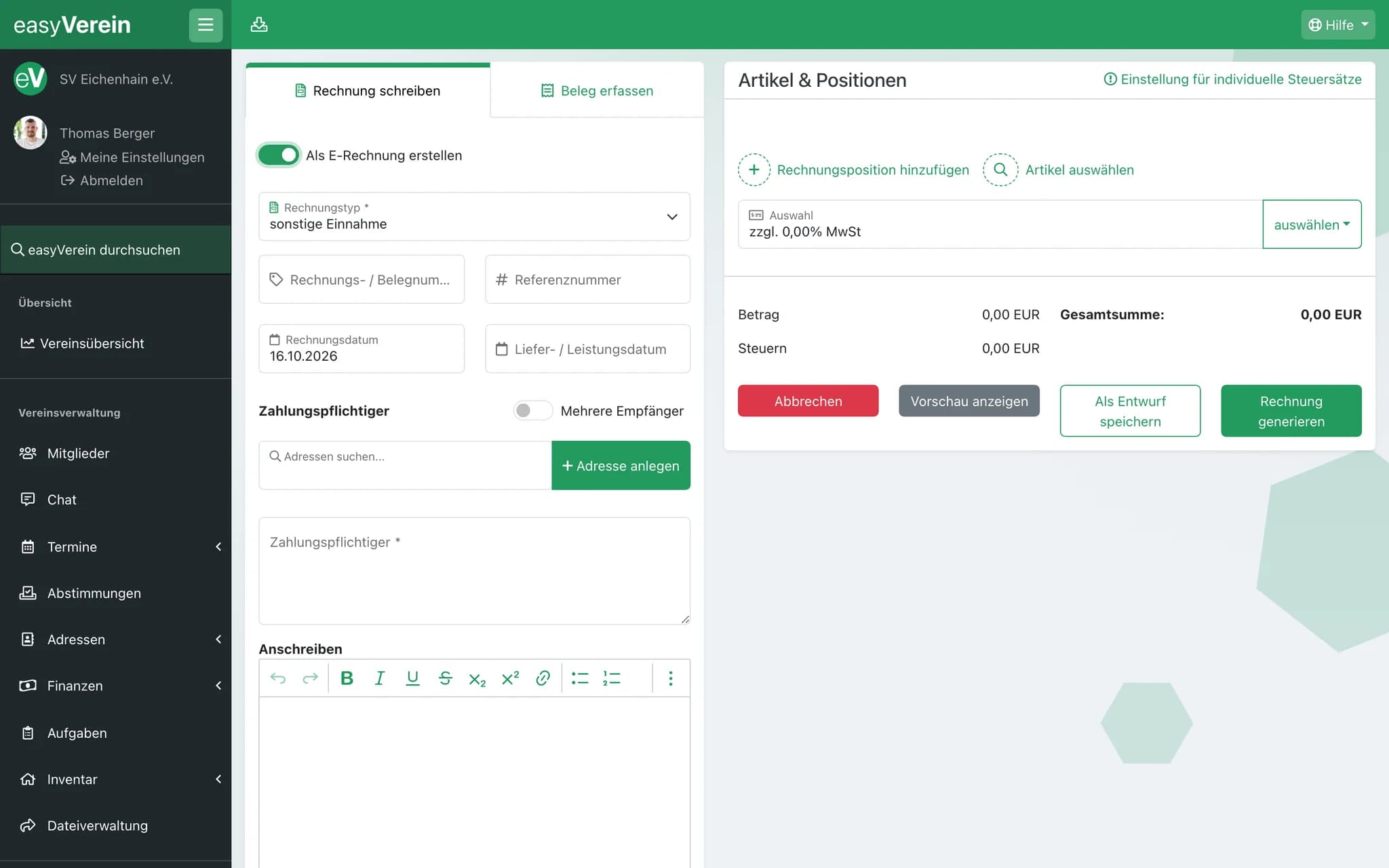 Screenshot Rechnung als E-Rechnung erstellen