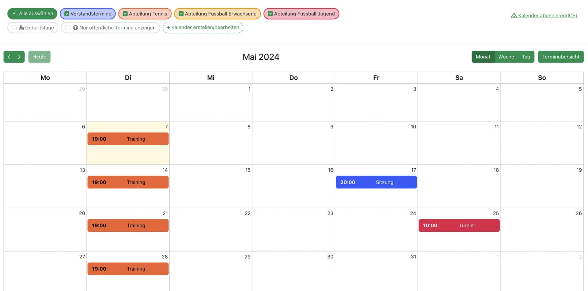 Vereinskalender eines Sportvereins
