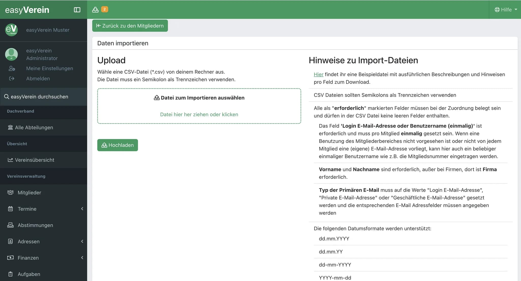 Screenshot Datenimport und -export