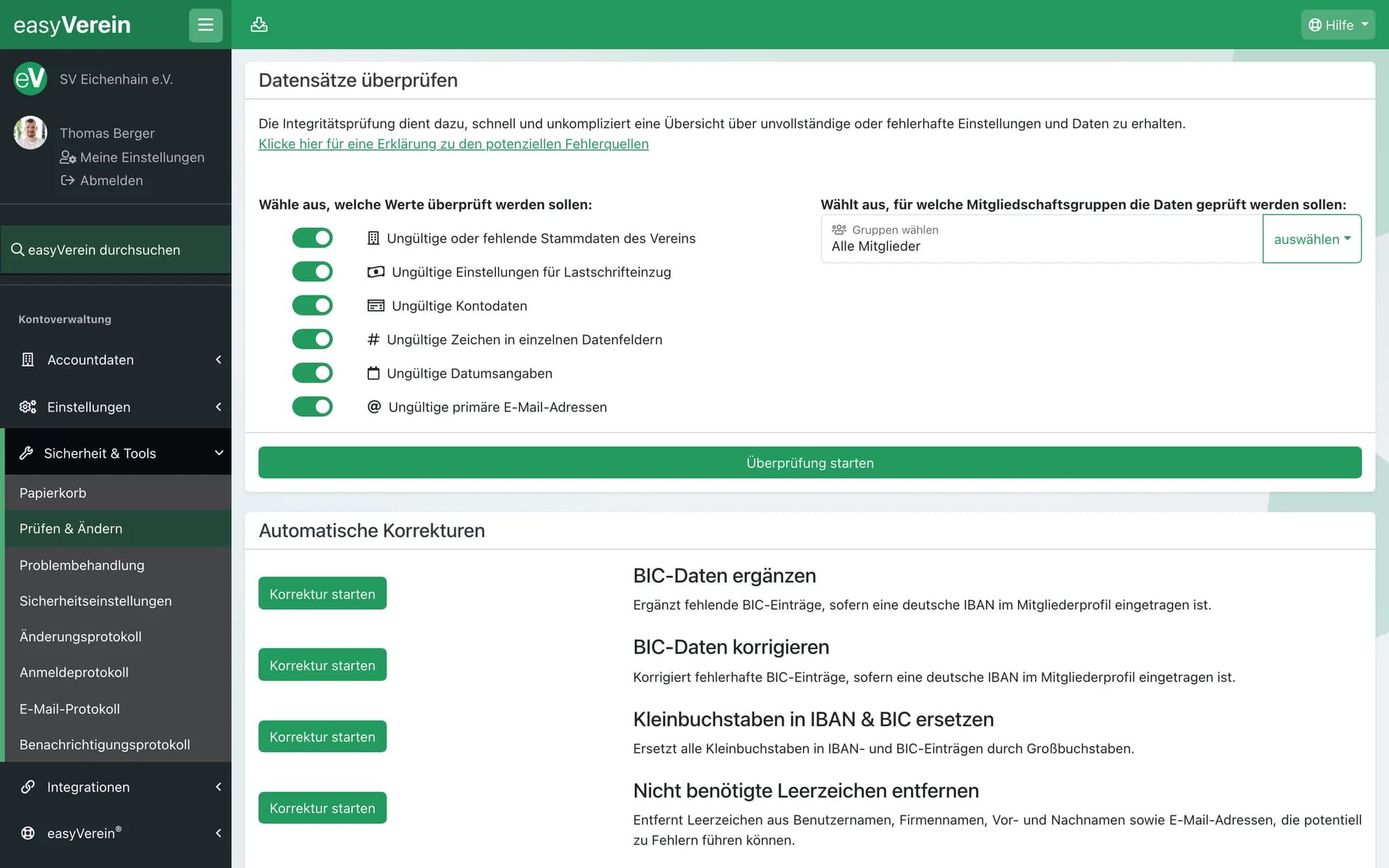 Screenshot Datensätze prüfen und automatisch korrigieren