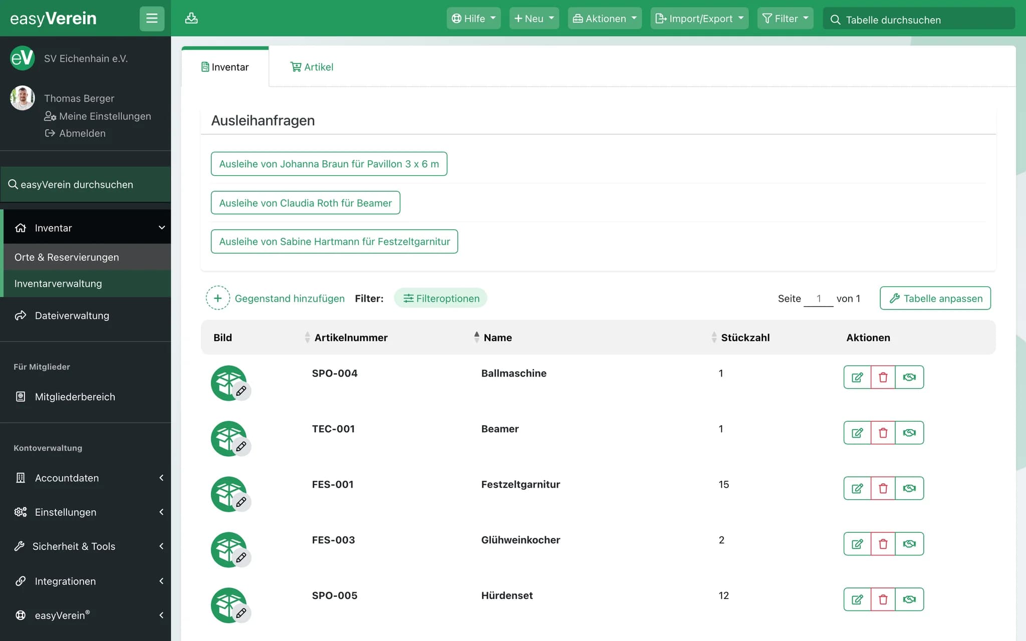 Screenshot Inventar- und Artikelverwaltung