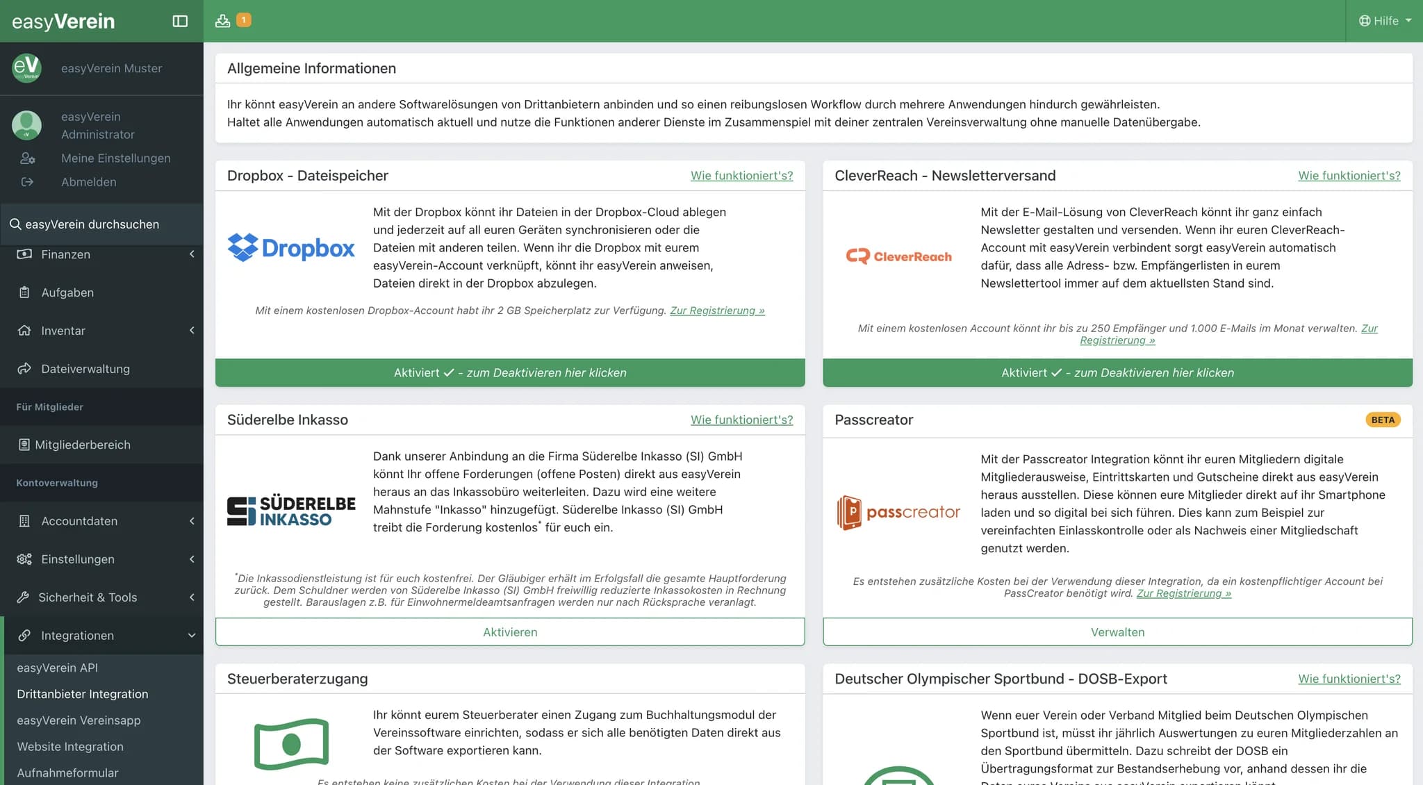 Screenshot Integrationen und Apps