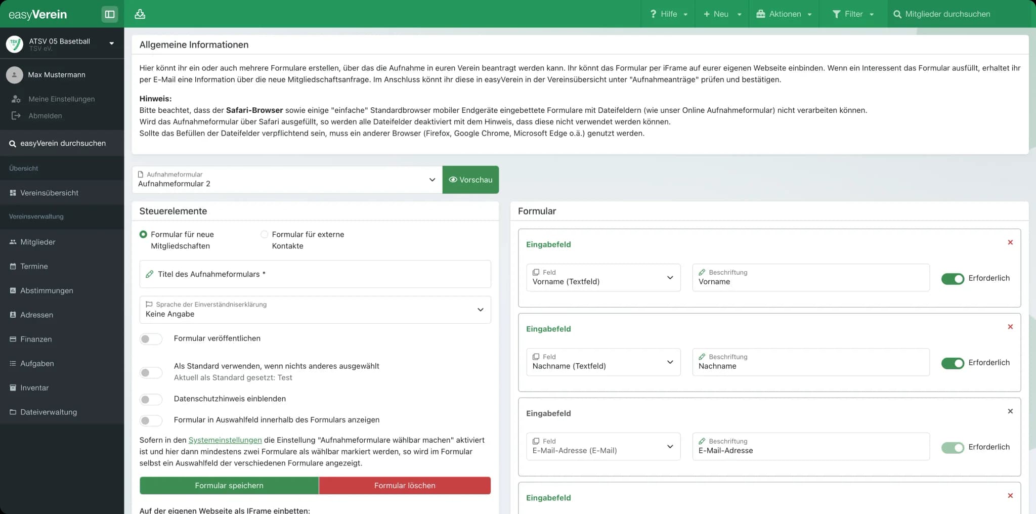 Screenshot Aufnahmeformular