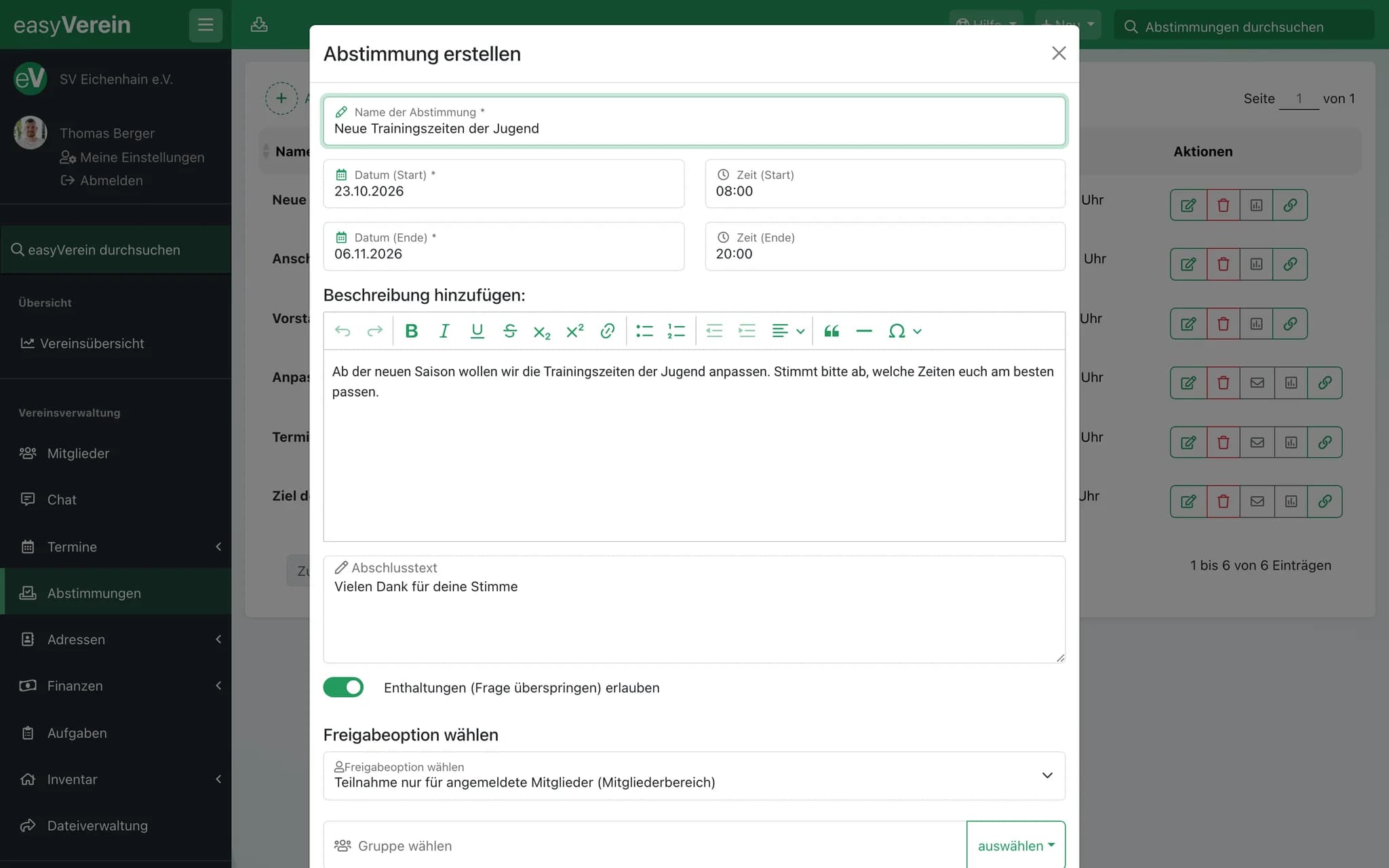 Screenshot Abstimmung erstellen