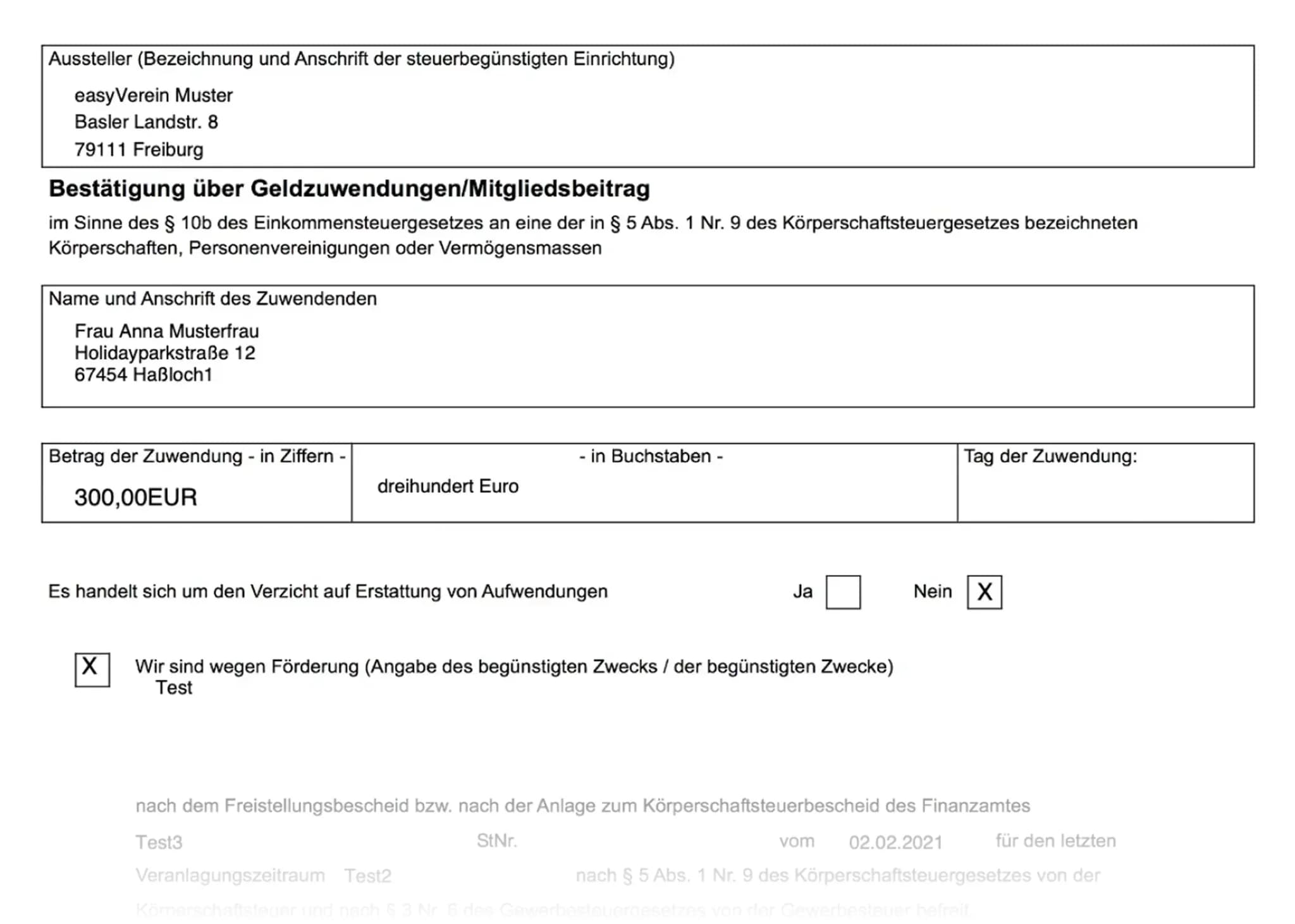 Zuwendungsbescheinigung in easyVerein